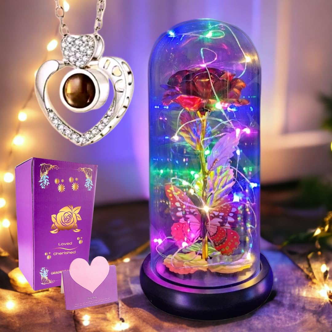 Christmas Rose Flower Gifts for Women,Birthday Gifts For Women,Womens Gifts for Christmas,Colorful Rainbow Artificial Flower Rose Light Up Rose in A Glass Dome, Mom Gift For Xmas, Flower Gifts For Her