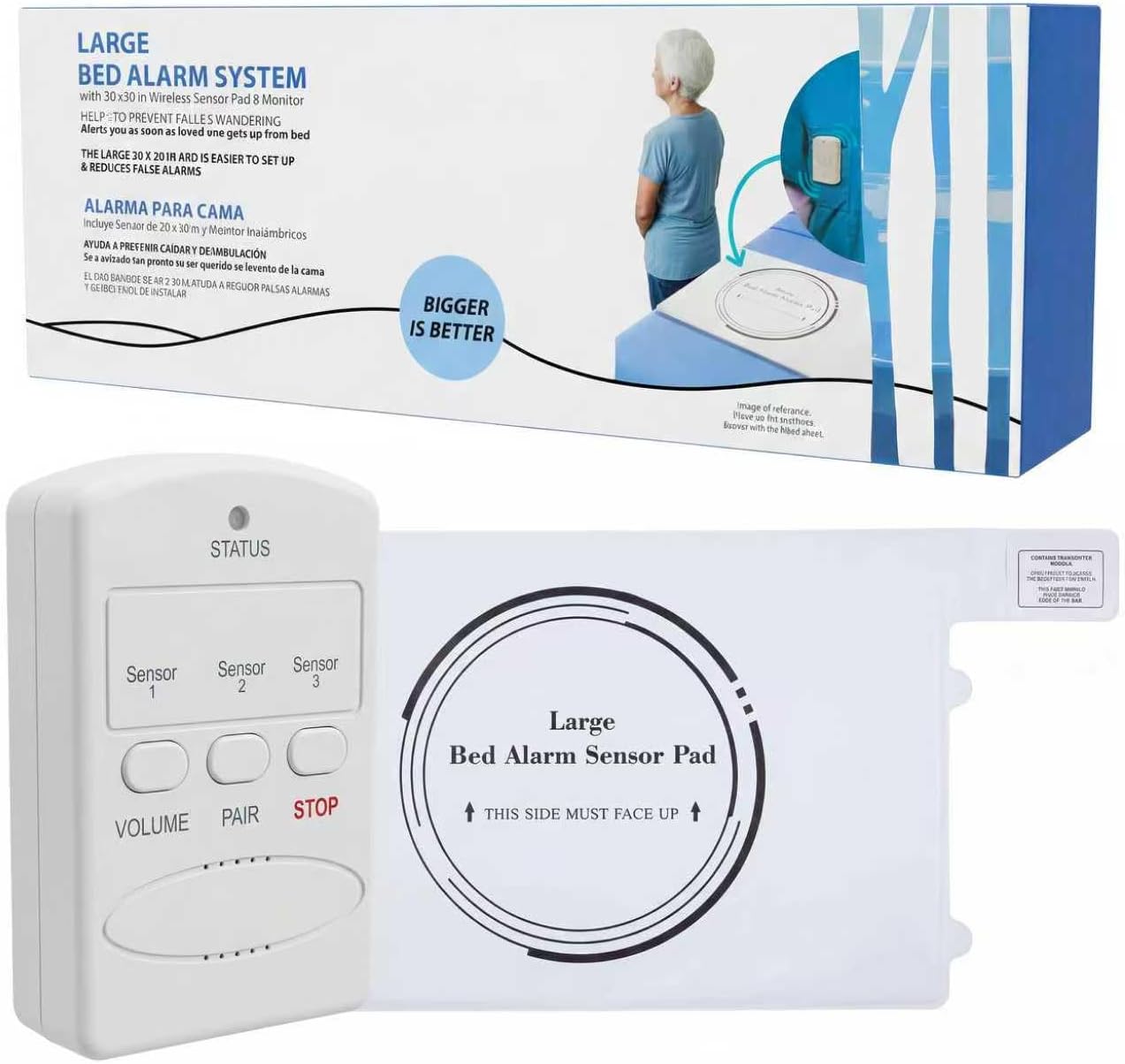 Bed Alarm for Elderly Adults Safety Wireless Sensor Pad Monitor 20x30 Inch Fall Prevention Bed Alarms for Elderly Dementia Patients Caregiver Set Early Alert System