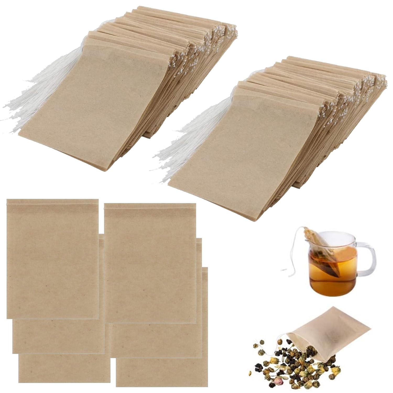 300 Count Unbleached Paper Tea Filter Bags with Drawstring for Loose Leaf Tea, Coffee, Herbs, and Spices, Natural Beige
