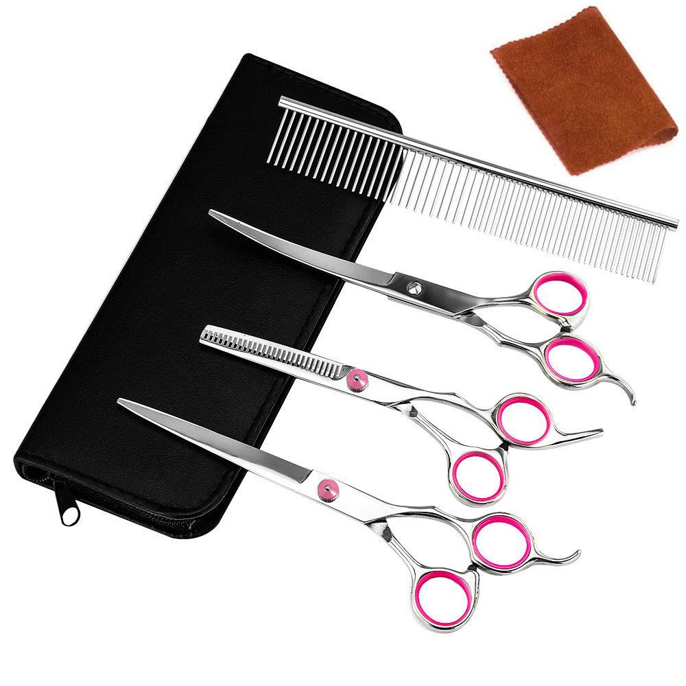 Azddur Pet Dog Grooming Scissors Set 4 Pcs Stainless Steel Professional Pet Trimmer Kit-6 inch Straight Cutting Scissors, Thinning Shears, Curved Scissors, Groom Comb (Pink)