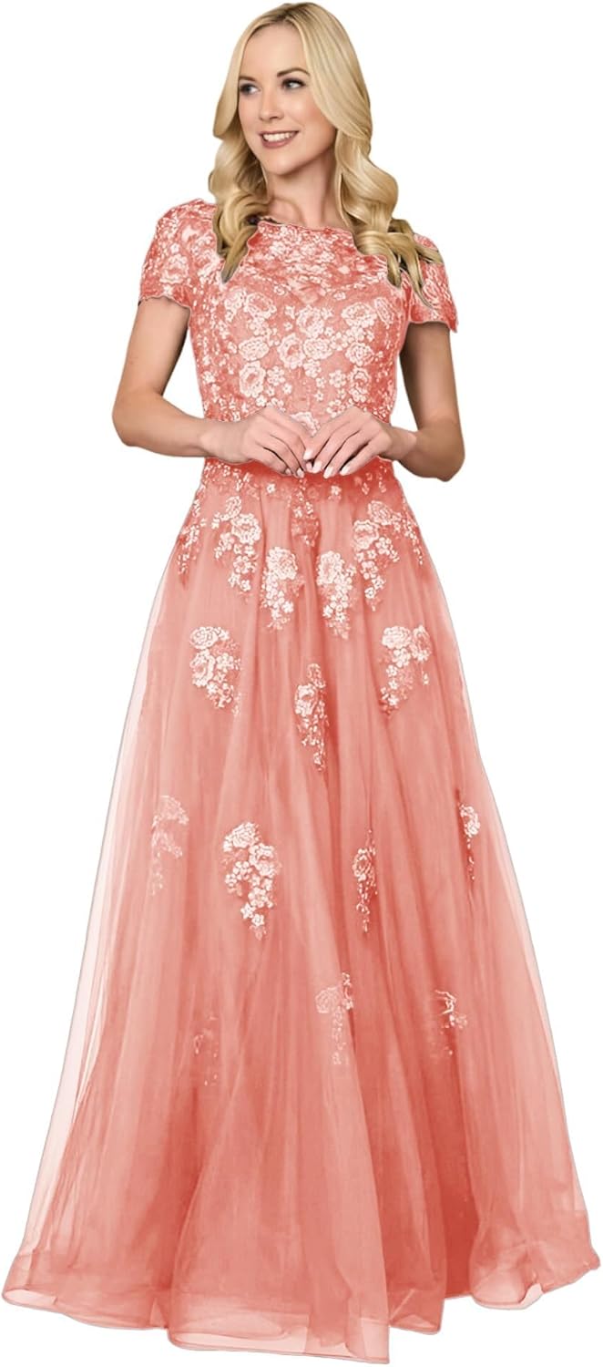 Lace Appliques Mother of The Bride Dresses Crew Neck A Line Short Sleeves Long Sequin Beaded Dress