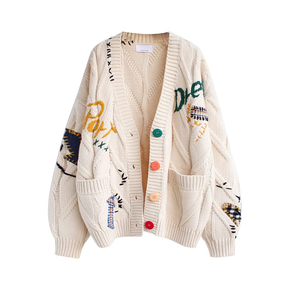 Womens Cute Cable Knit Open Front Cardigan Kawaii Long Sleeve Button Embroidered Sweater Coat Outwear Beige