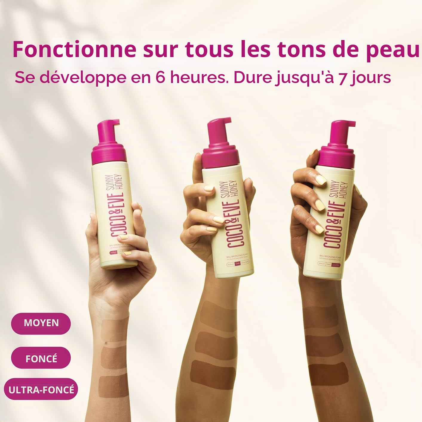 Kit de bronzage Sunny Honey Bali de Coco & Eve (foncé). Mousse de bronzage sans soleil entièrement naturelle. Lotion autobronzante instantanée avec bronzeur, gant applicateur et pinceau kabuki.