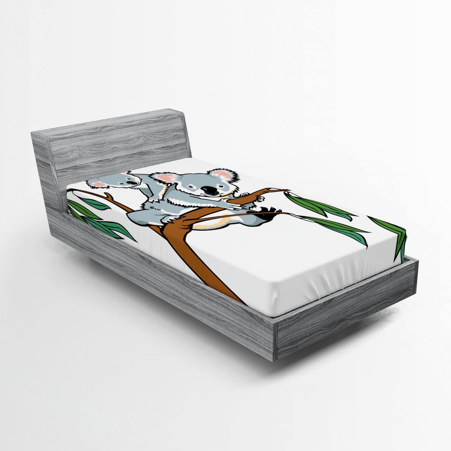 Ambesonne Animal 2 Pack Fitted Sheet, Koala Eucalyptus, Bed Cover All-Round Elastic Deep Pockets 2 Pieces, Package Contains 2 Twin Size Fitted Sheets, Brown Grey