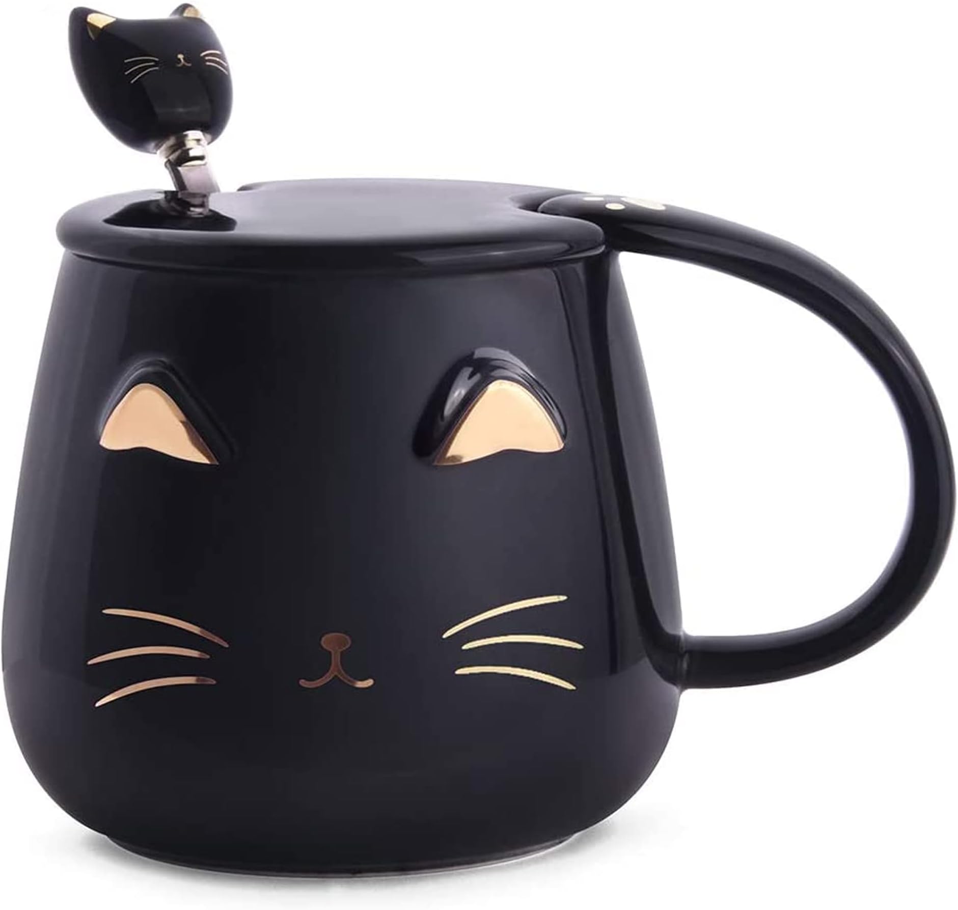 Sulfar Home Black Cat Mug | Cute Kitty Ceramic Coffee Mug with Stainless Steel Spoon | Novelty Coffee Cup for Cat Lovers Women Girls (Black)