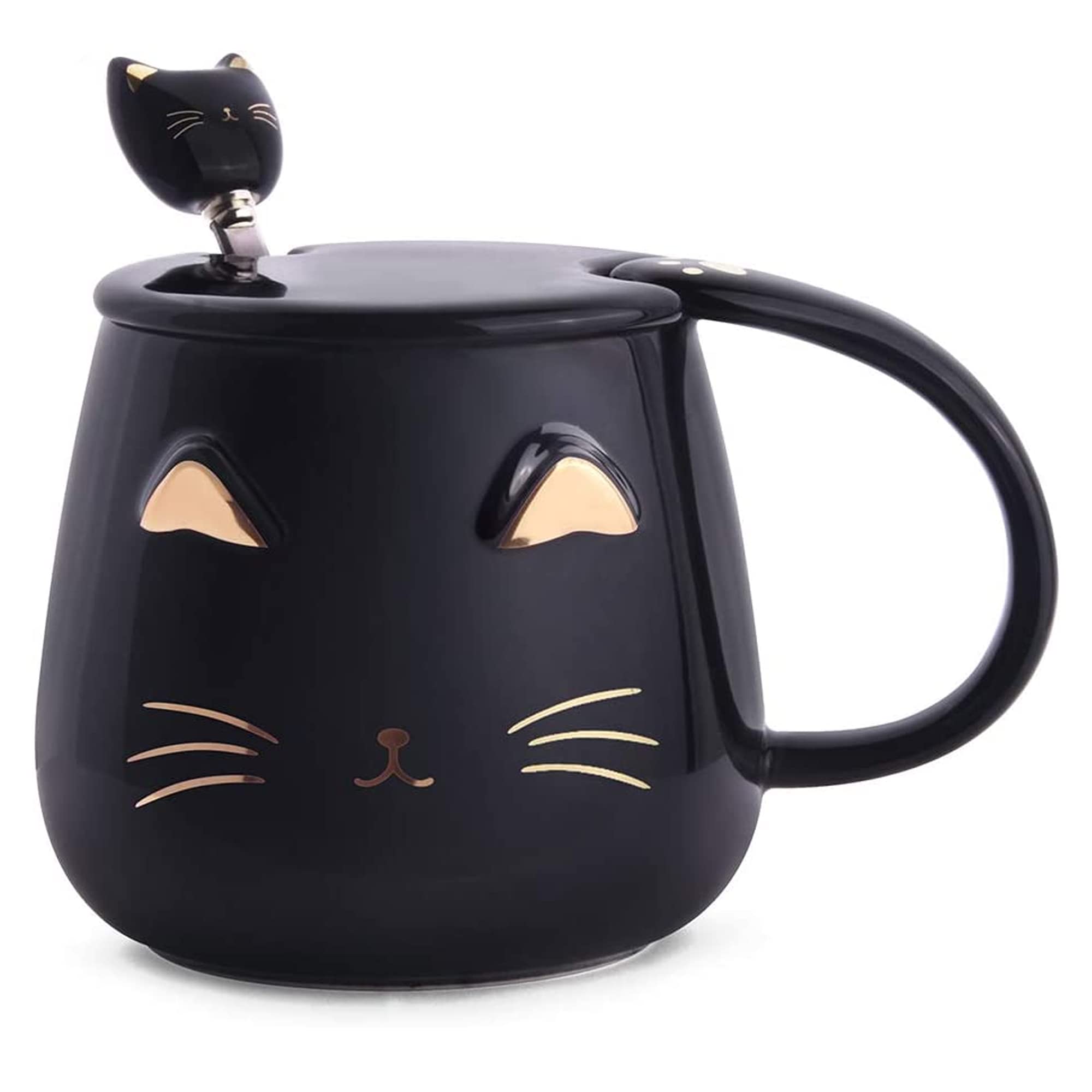 Home Black Cat Mug | Cute Kitty Ceramic Coffee Mug with Stainless Steel Spoon | Novelty Coffee Cup for Cat Lovers Women Girls (Black)
