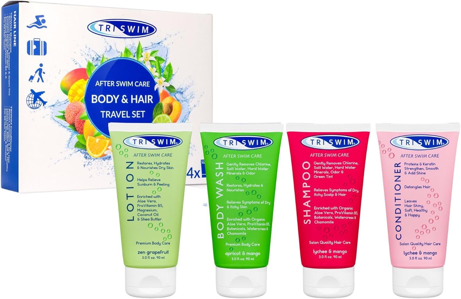 TRISWIM - Premium Set Da Viaggio Dopo Aver Nuotato Per La Rimozione Del Cloro, Bagnoschiuma, Shampoo Idratante, Lozione Corpo Anti Cloro, Balsamo Capelli Per Nuotatori (4x90ml)