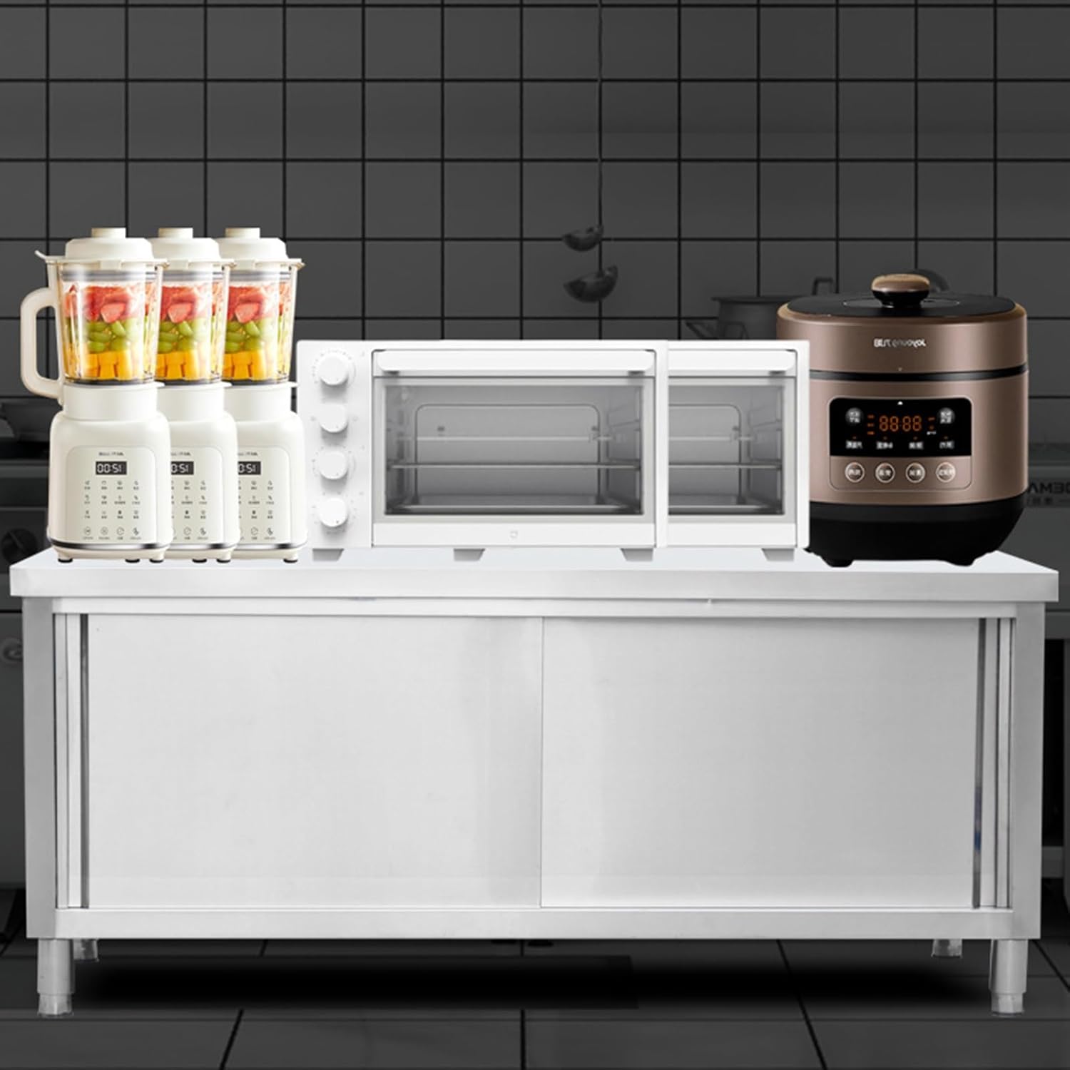 Heavy Duty Stainless Steel Worktable with Sliding Doors, Commercial Kitchen Workbench for Restaurants, Hotels, and Garages - Size: 100x50x80cm (39x20x31in)