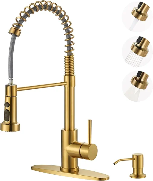 Kitchen Sink Faucet with Soap Dispenser: Brushed Gold Kitchen Faucets with Pull Down Sprayer - Stainless Steel Single Handle Kitchen Faucet with Deck Plate for Farmhouse RV Laundry Kitchen F