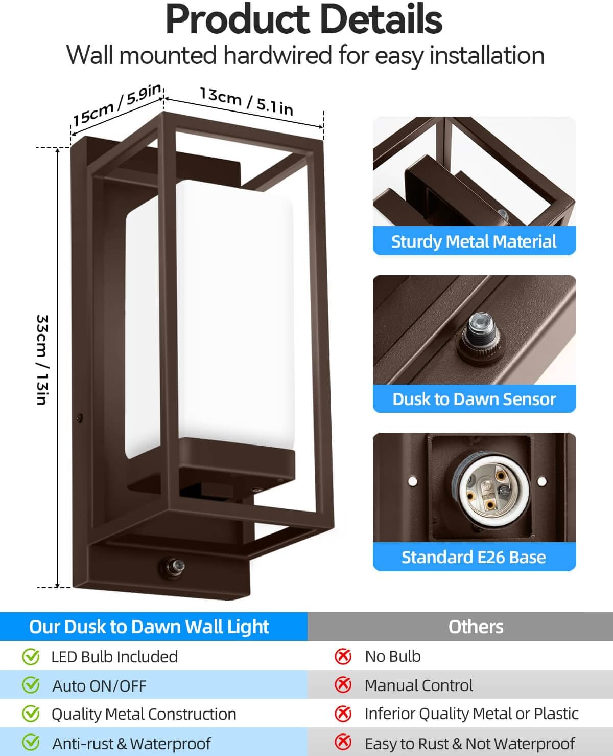 RAYVO Modern Outdoor Wall Light with Dusk to Dawn Sensor, Waterproof Exterior Lighting Fixtures with E26 Base, 3000K LED Bulb Included, Outdoor Sconce Lights for Porch Garage Entryway, Bronze, 2 Pack