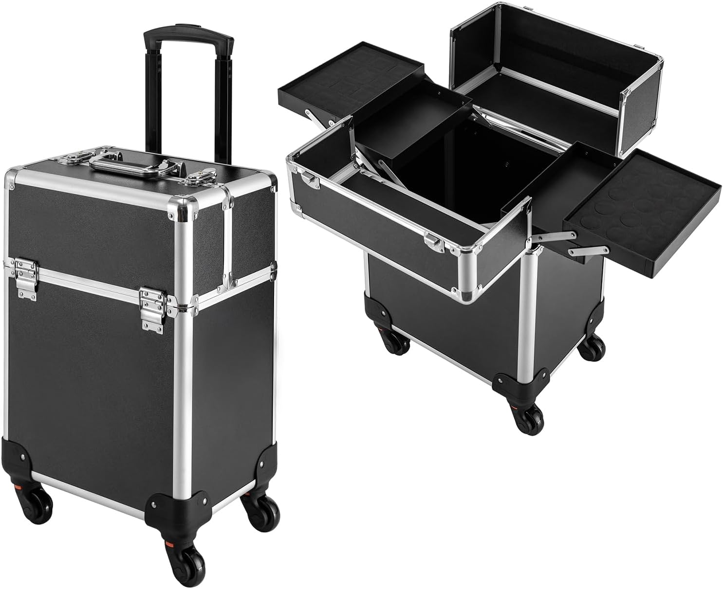 Rolling Aluminum Alloy Makeup Train Case, Professional Cosmetic Trolley with Keys Swivel Wheels, Nail Salon Barber Case for Make-up Artists, Hairdressers, Nail Technicians, Black