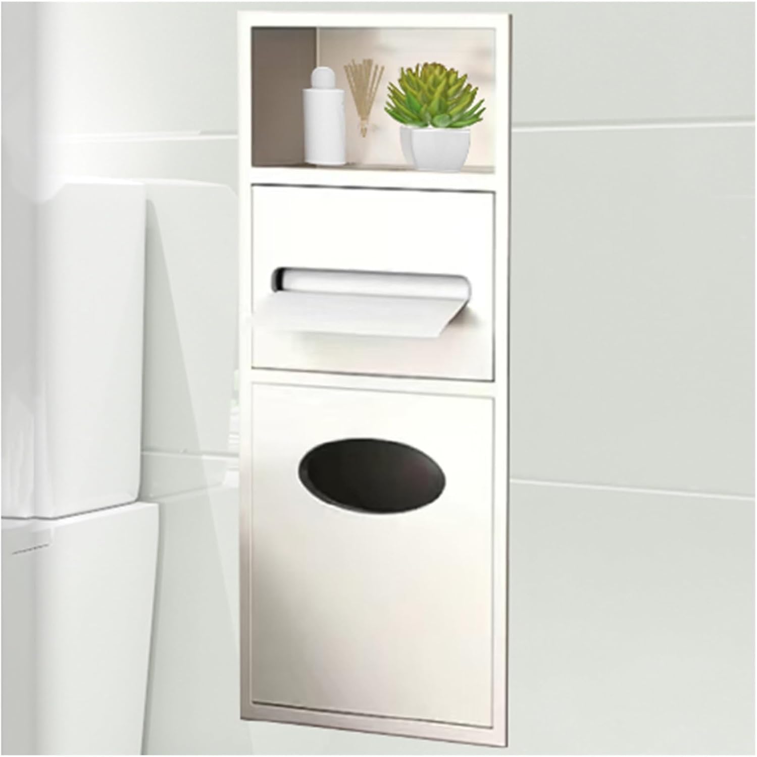 Stainless Steel Recessed Bathroom Niche - Toilet Paper & Trash Can Storage Rack, Built-in Alcove for Kitchen, Living Room, Bedroom, Hotel (White, 20x63x13.5cm)