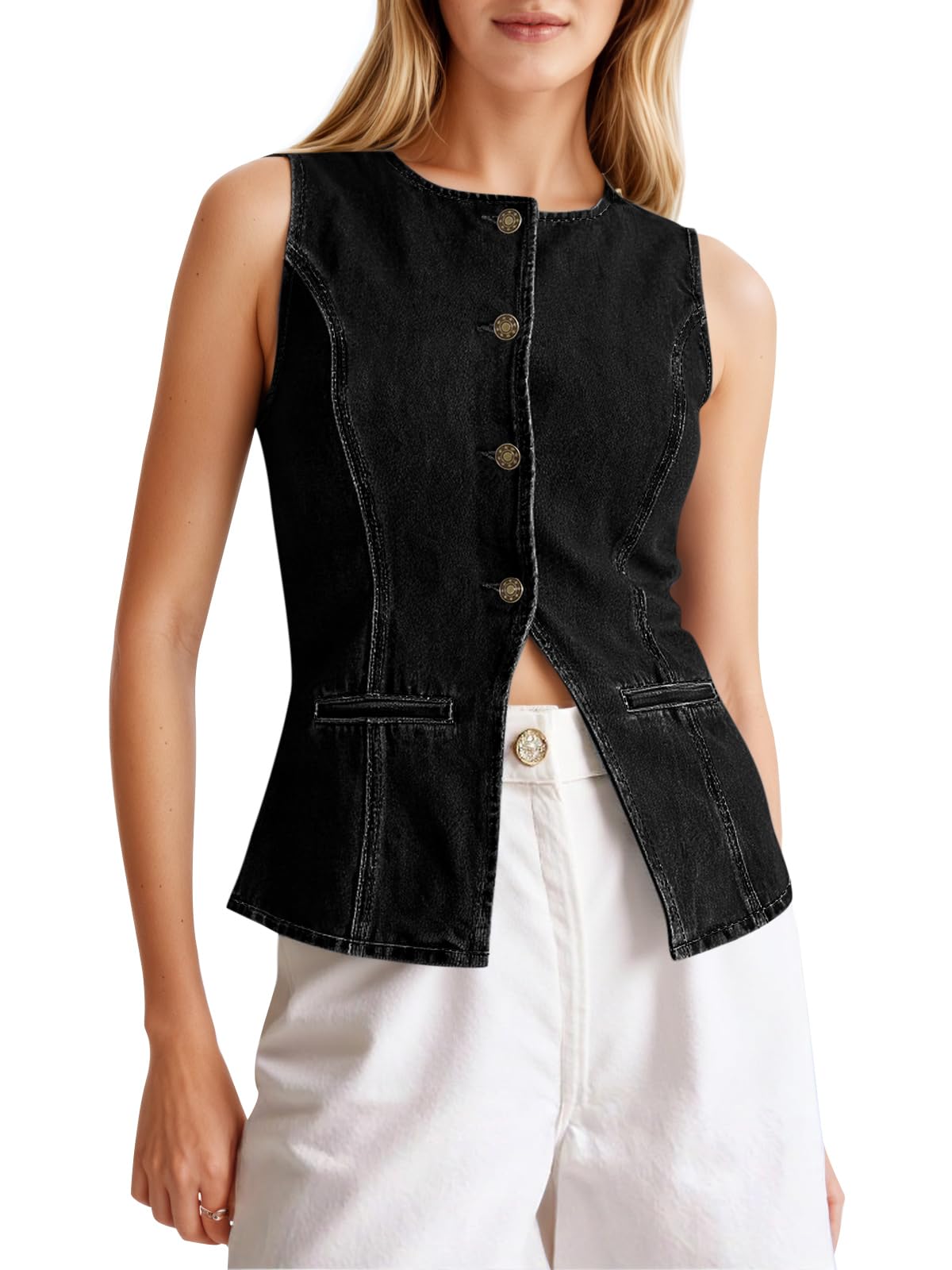 Tankaneo Womens Button Down Denim Vest Trendy Fitted Sleeveless Jean Tank Tops Crew Neck Waistcoat