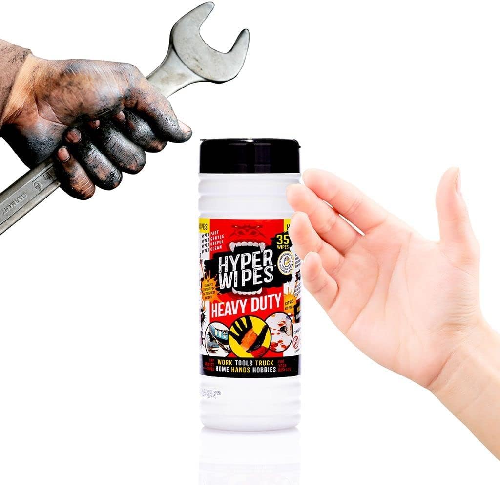 HYPER WIPES - Feuchte Reinigungstücher - Power Reinigung für Werkstatt - KFZ - Werkzeug - Motorrad - Entfernt Härtefälle von Öl, Fett, Kleber, Farbe und Teer - XXL 19 x 30 cm 12er Pack