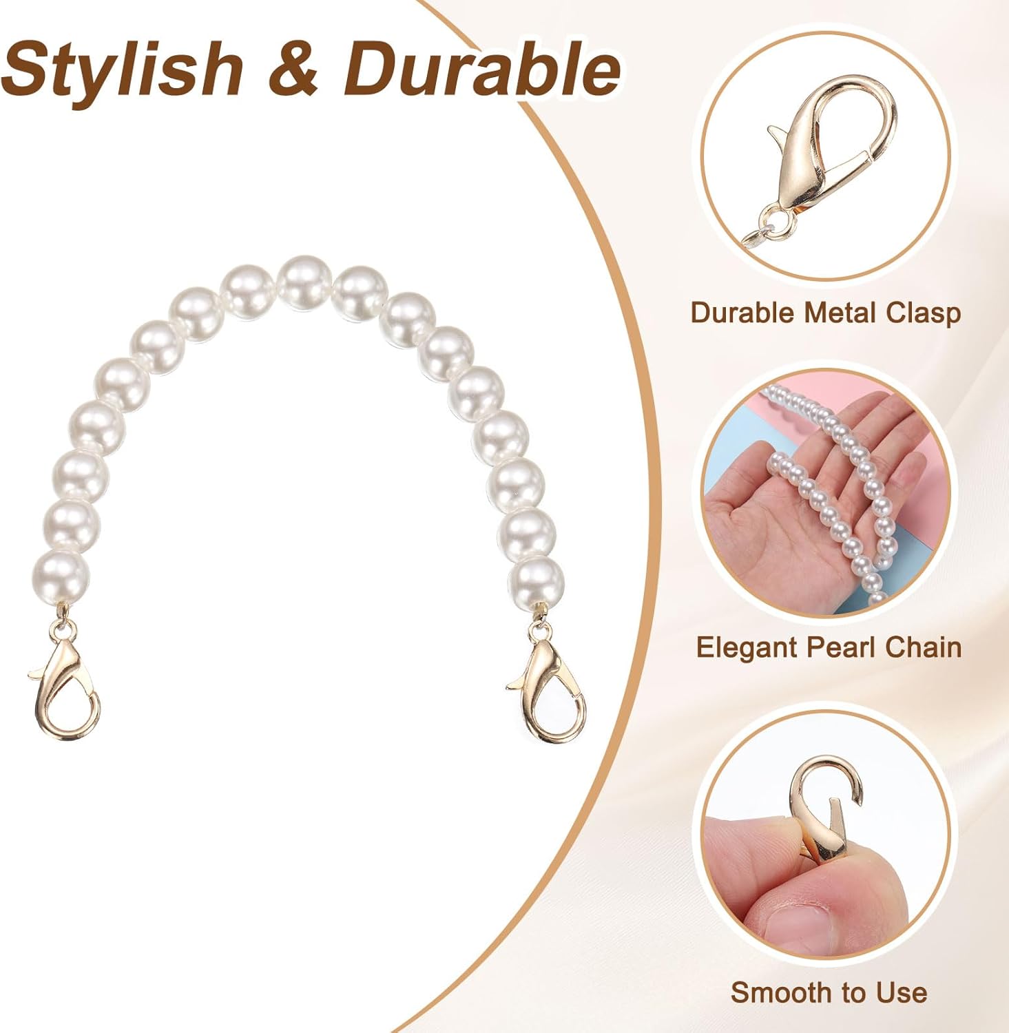 uxcell 2 Pcs Imitation Pearl Purse Strap, 8 Inch Handbag Purse Chain with Lobster Clasp Replacement Extender Bead for DIY Decorative Handbags Bags, Gold - Image 3
