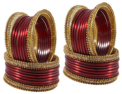 Image of NMII Glass With Zircon Gemstone Studded Worked and Ball Chain Or Plane Gloosy Finished Bangles Set For Women and Girls