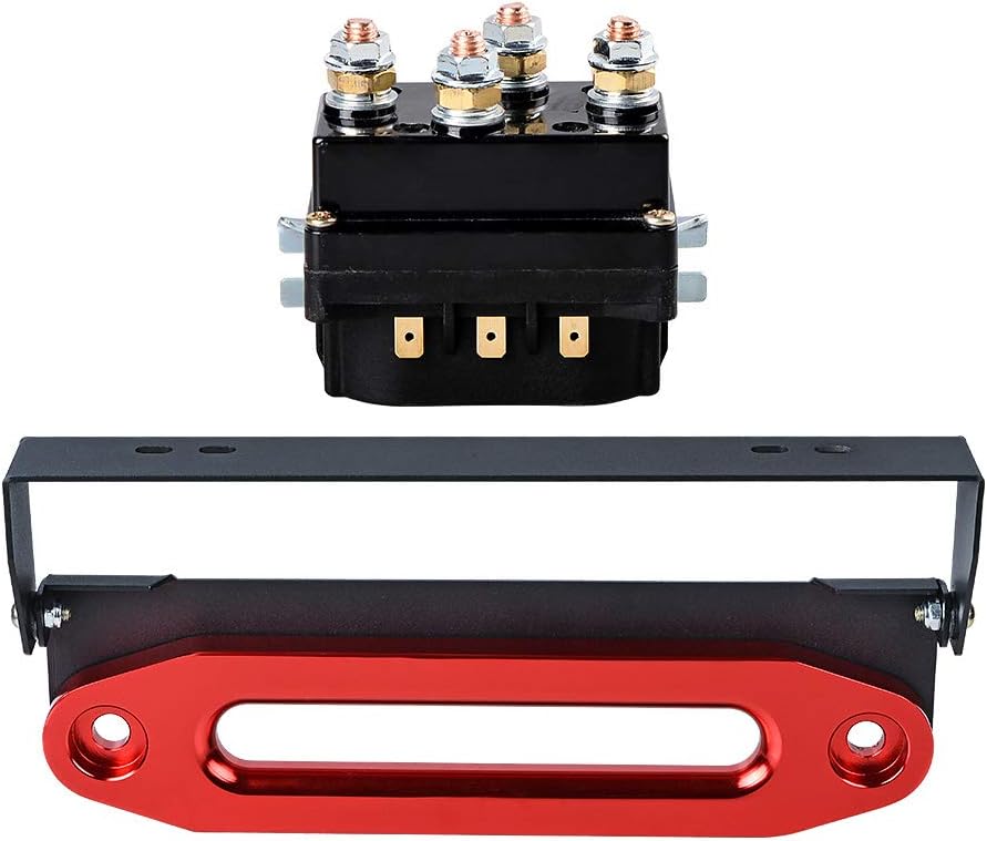 12V 500A Winch Solenoid Relay + 10" Anodized Red Hawse Fairlead + Flip-Up 254mm Mounted License Plate Holder SUV ATV UTV 4x4