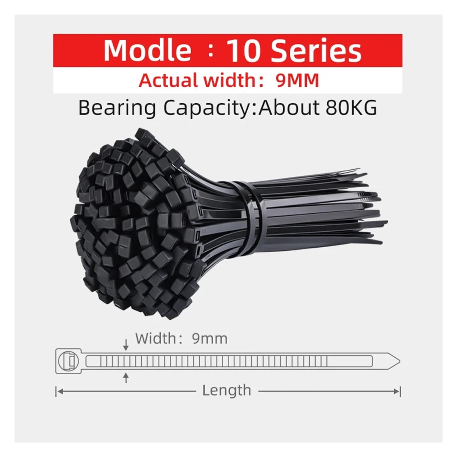 Bridas de nailon 100 Uds ancho 9MMx 400/500/600/1200 bridas for cables de nailon autoblocantes plástico extragrande engrosamiento resistente(10 Series Black,9x600mm 100pcs)
