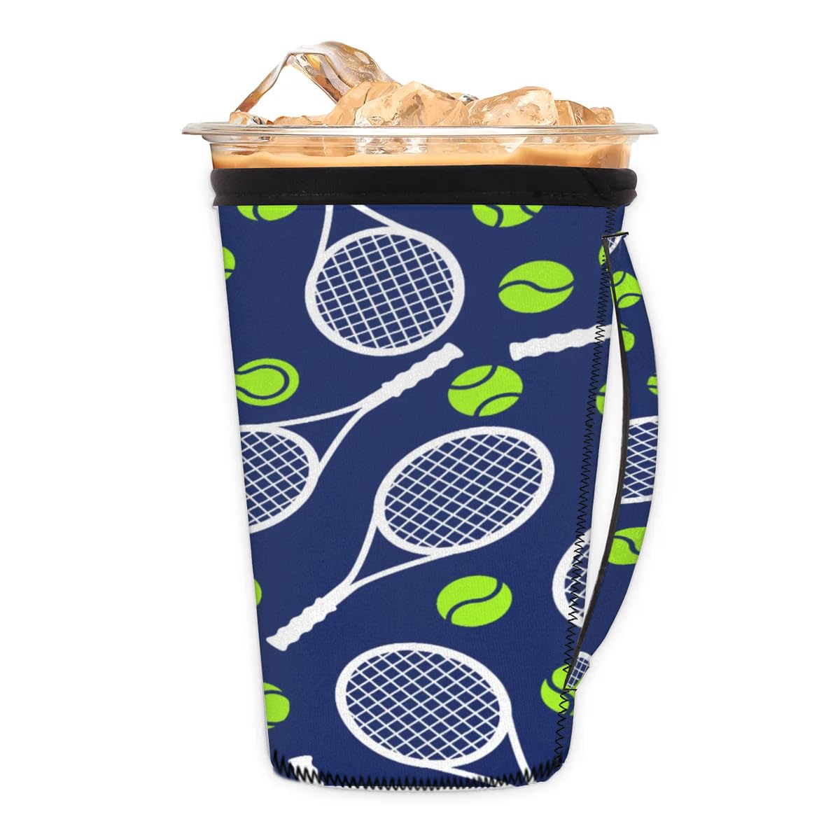 Tennis Sports Theme Iced Coffee Sleeve with Handle Reusable Neoprene Insulator Sleeve Holder for Cold Drinks Beverages Sleeves for Coffee Cup, Large