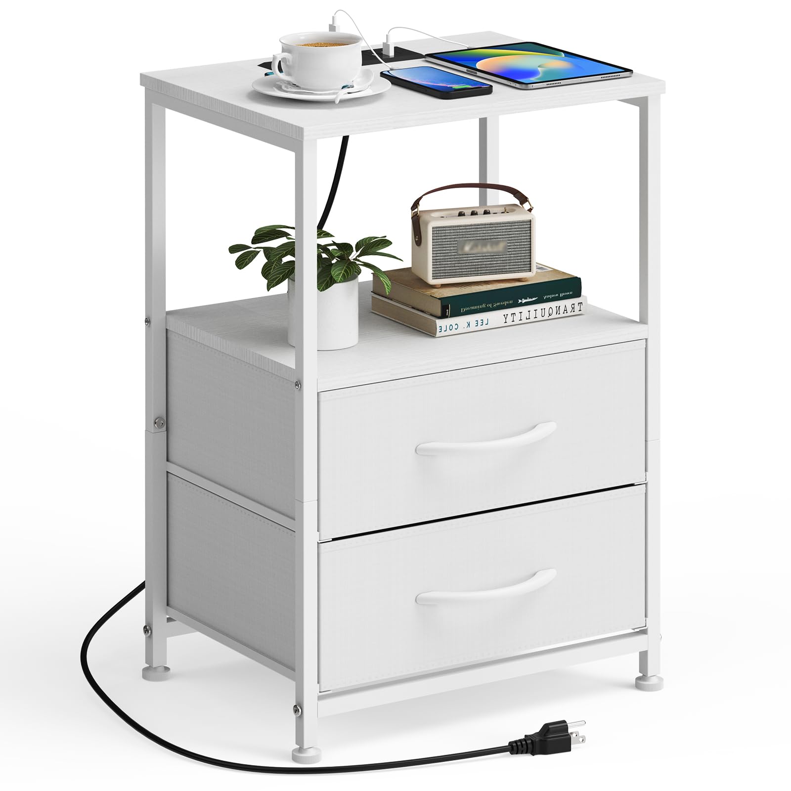 YBING Nightstand with Charging Station White Night Stand End Table with Fabric Drawers Side Table with Storage for Bedroom Living Room