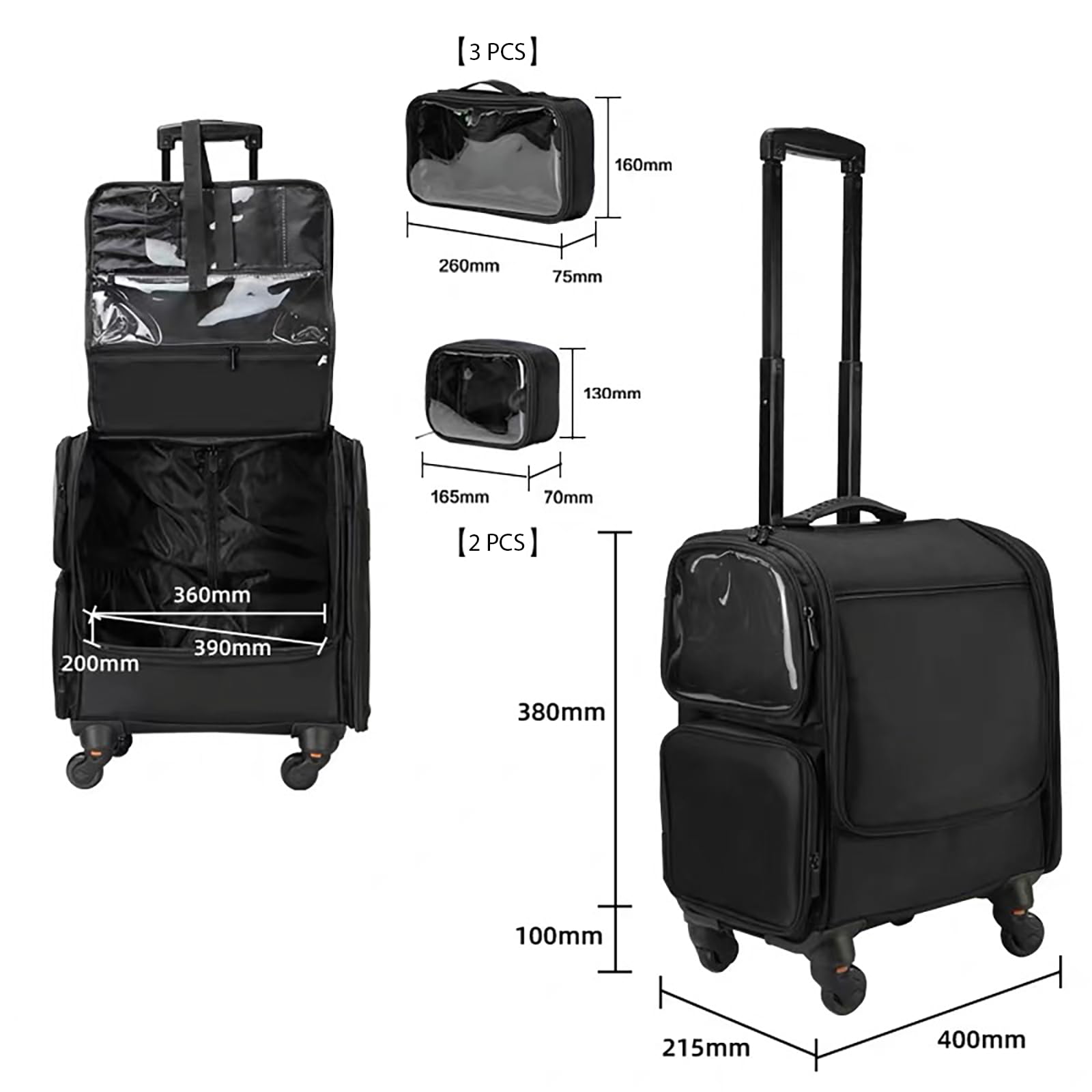 SUILU Rolling Makeup Train Case,with 5 Pcs Clear Bags,Makeup Backpack Professional Makeup Artist Train Case Trolley, Multi-functional Cosmetic Train Case- BLACK