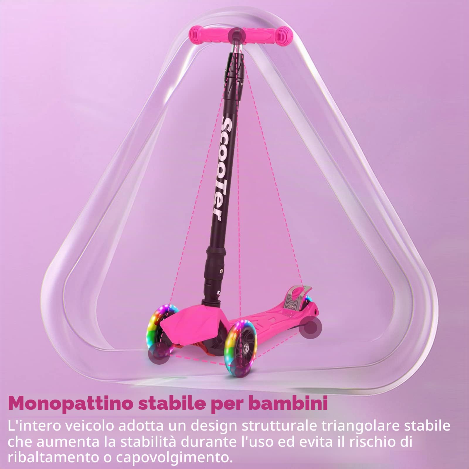 Fiqops Monopattino per bambini da 3 a 12 anni, scooter per bambini con 4 altezze regolabili, ruote luminose a LED per bambini, pieghevole, facile da guidare, freni posteriori
