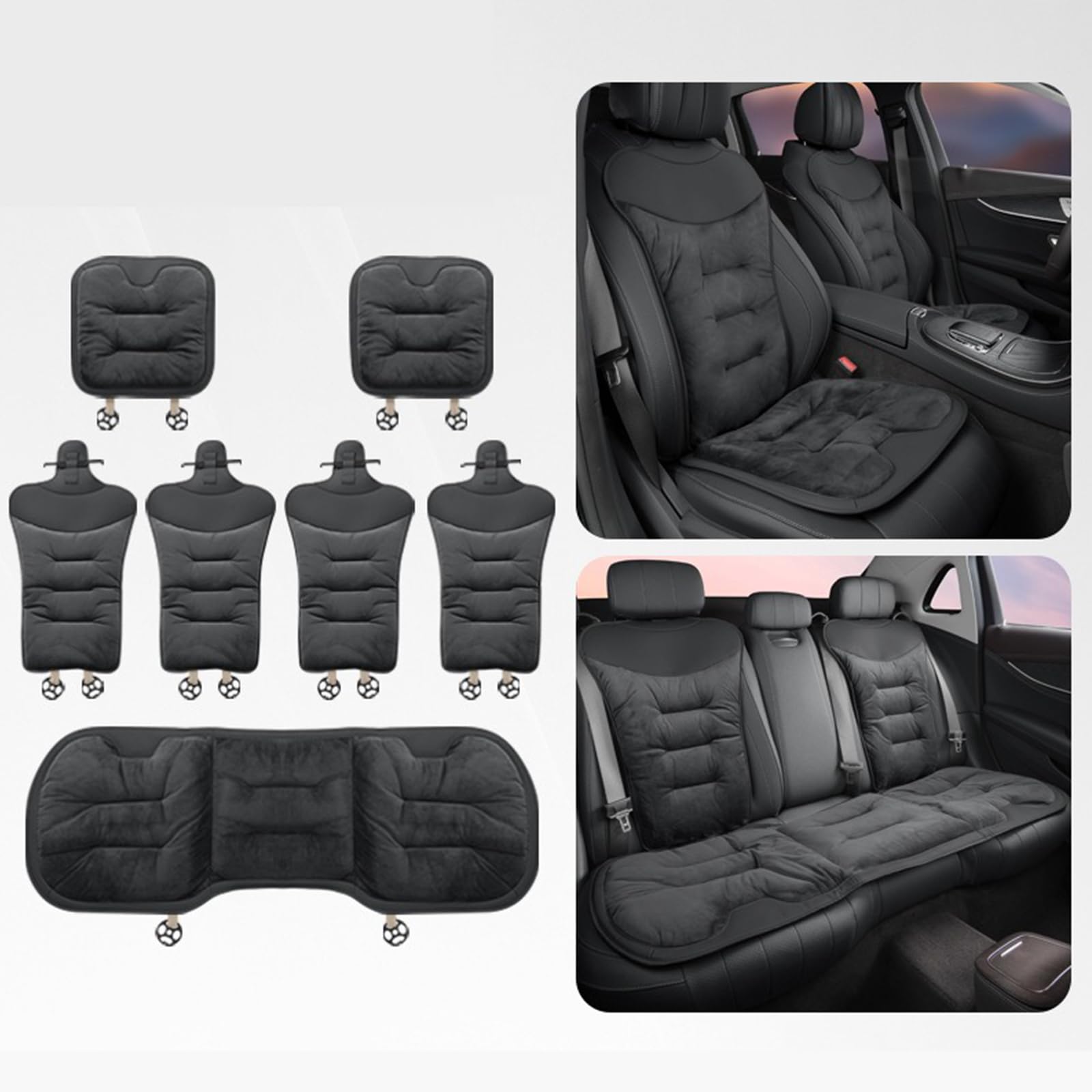 Plüsch Anti Rutsch Autositzauflage, Universal-Autositzbezug, Auto Fahrzeug Sitzschut, Plüsch, rutschfest, für Auto Stuhl (7-teiliges Set,Schwarz)