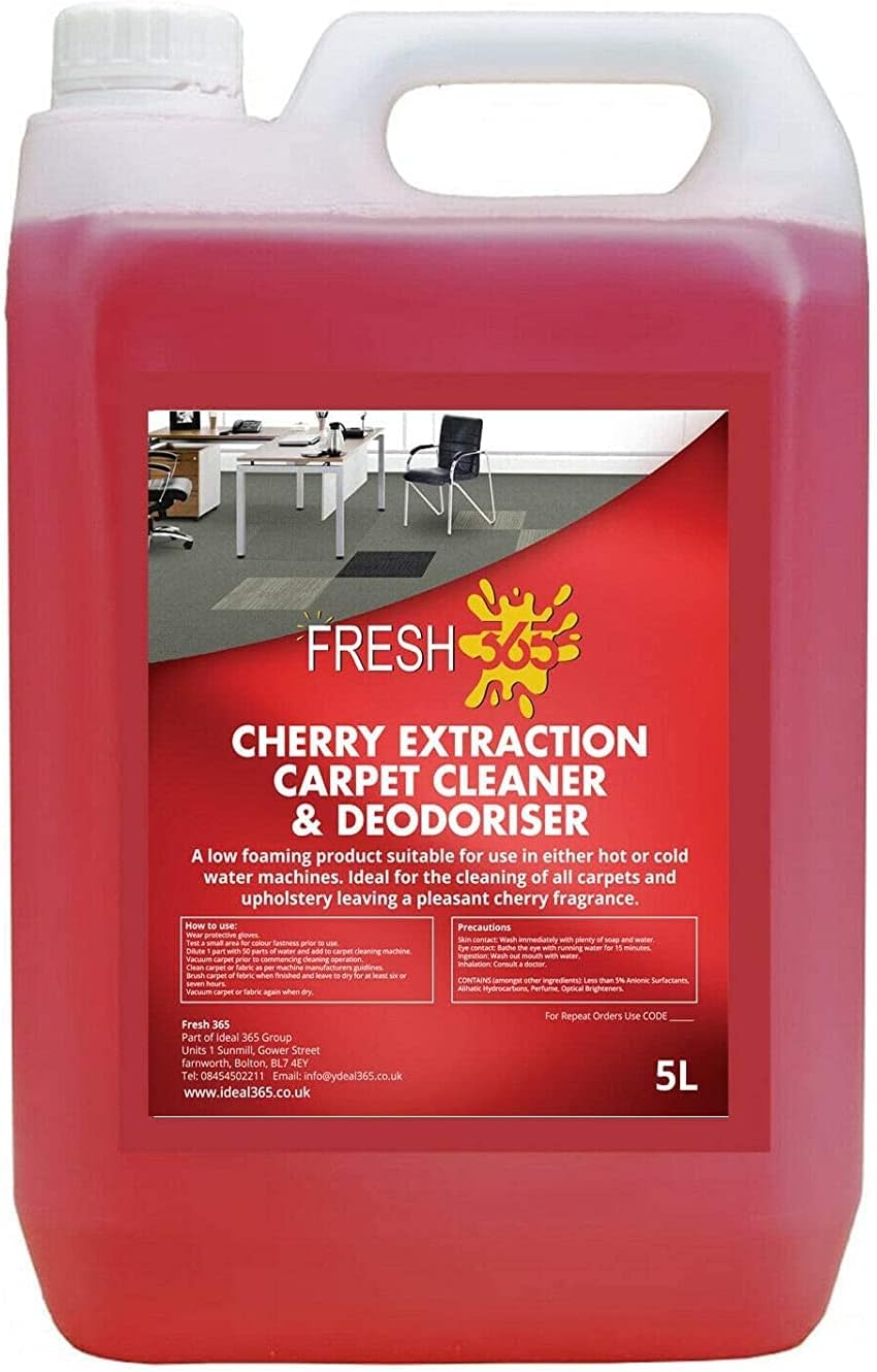 Ideal 365 Cherry Carpet Shampoo and Upholstery Cleaning Solution 5 Litres – Pet Carpet Cleaner with Odour Removal Suitable for All Machines