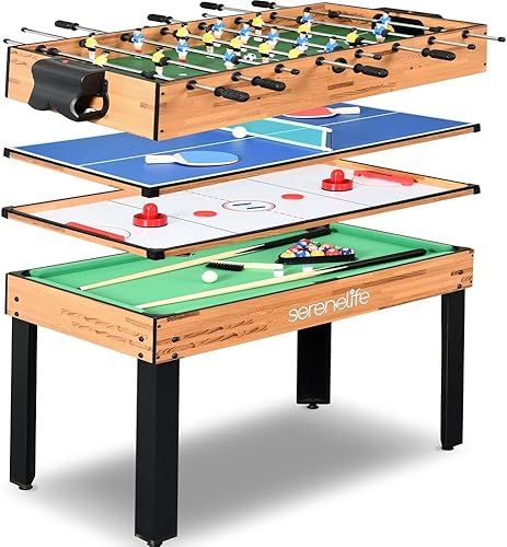 SereneLife Mesa de juego múltiple, juegos de arcade deportivos de 48 pulgadas con accesorios, ping pong, hockey, billar de piscina, futbolín de