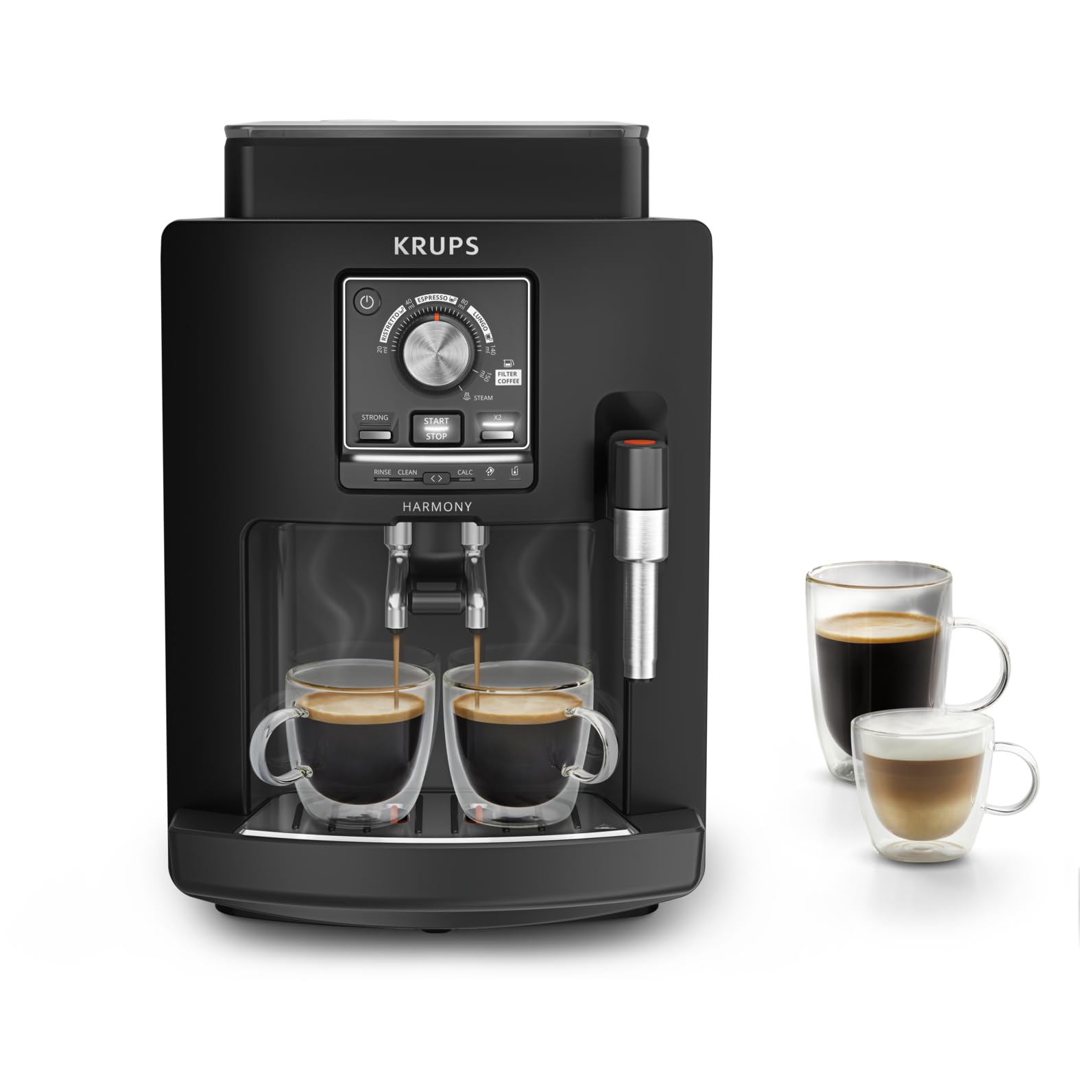 Krups Harmony Kaffeevollautomat mit Milchaufschäumdüse, 4 Kaffeespezialitäten, intuitive Bedienung, automatische Reinigung, kompaktes Design, Schwarz, EA5088E0