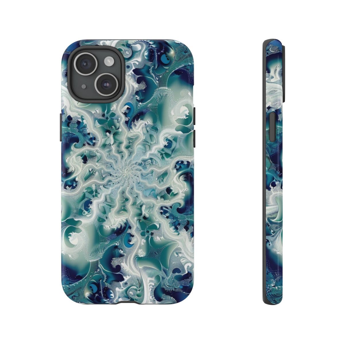 Coque iPhone 15 Plus tourbillon fractal vert et bleu rigide - 4