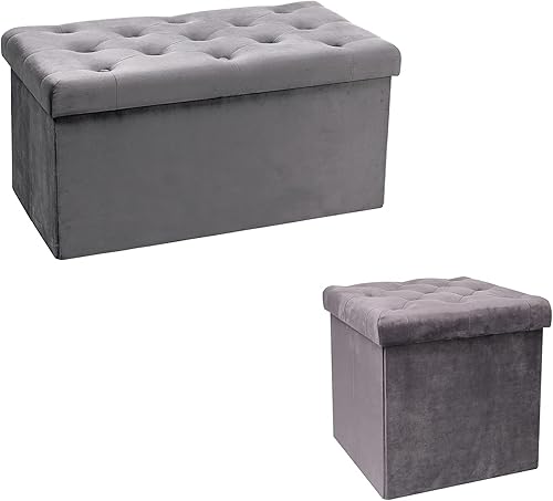 Miniatura 1 de Generate PINPLUS - Otomana plegable con almacenamiento, banco largo de terciopelo gris otomano, cubo de juguetes con bandeja reposapiés, asiento