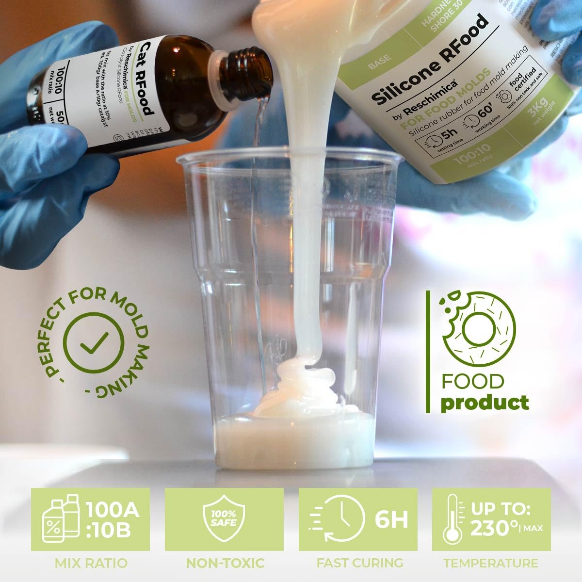 Reschimica Goma de Silicona alimentaria R Food | Moldes para Alimentos DIY | Silicona no tóxica certificada | Fácil de Usar en casa | para Chocolate, Fondant, Hielo, gofres y más (3 kg)