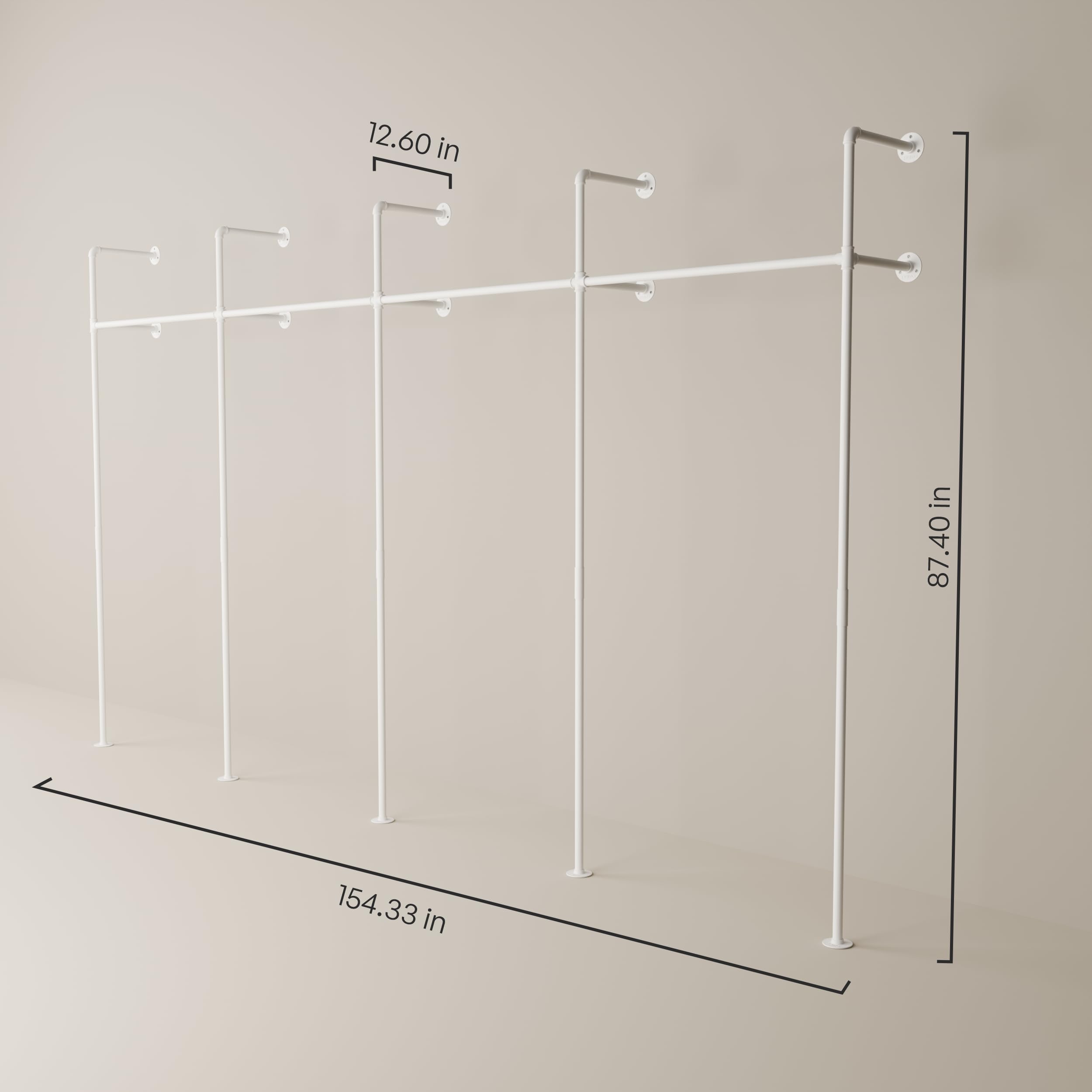 pamo Industrial Pipe Clothing Rack White Metal - 880 lbs Capacity - Wall-Mounted Clothes Racks for Hanging Clothes - Modern Walk-In Closet