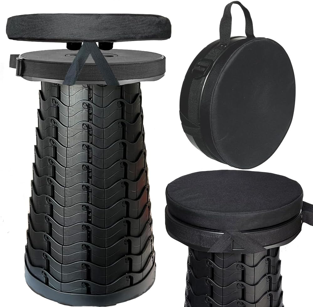 Portable Collapsible Stool Bundle Set - Round Telescoping Stool + Seat Cushion - Great Value Pack for Camping Travel Picnic Gardening