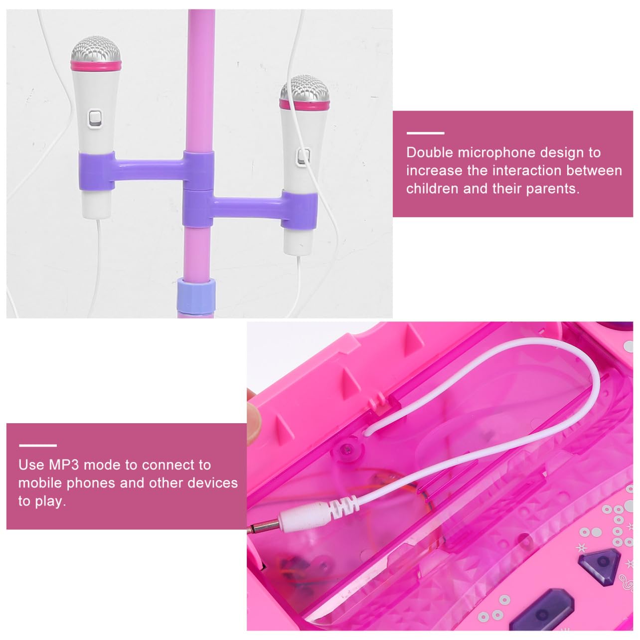 Micrófono de Juguete Rosa para Niños Función Interactiva y Reproducción Mp3, Diseño Doble Soporte Ajustable para Juego Educativo y Cantar