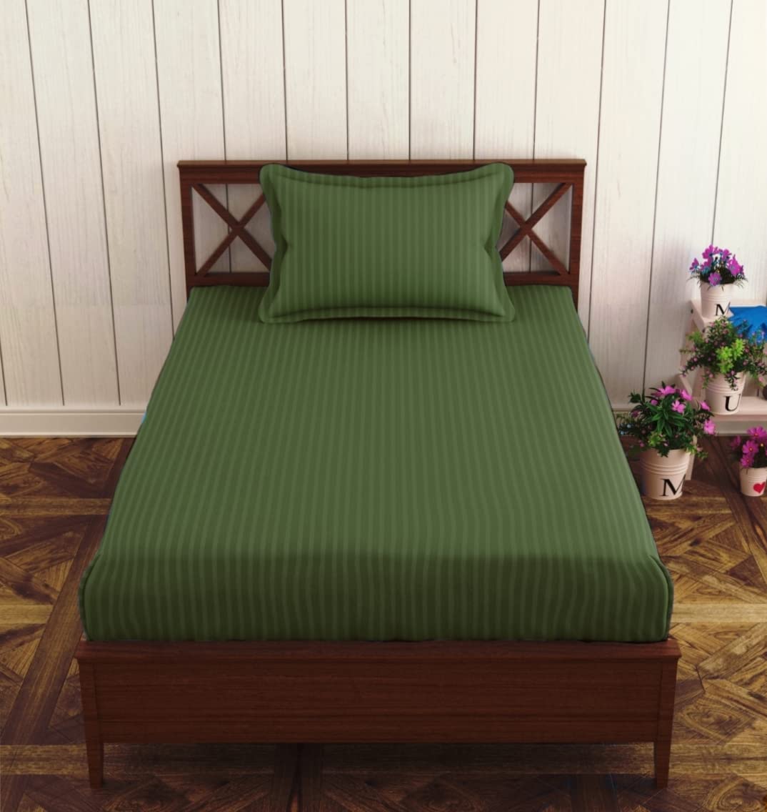 Prime Collection 300 TC Satin Striped Long Lasting Single Sized(90x60) Inch 1 Bedsheet with 1 Pillow Covers - Single Bedsheet for Hotel, Hospital and Home Use, Green-image-34