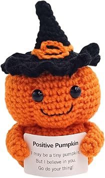 Fmcmly Handmade Crochet Pumpkin with Inspirational Card - Cute Halloween & Thanksgiving Decor, Emotional Support Gift for Women & Men, Autumn Desk Decoration, Positive Office & Home Desktop Ornament