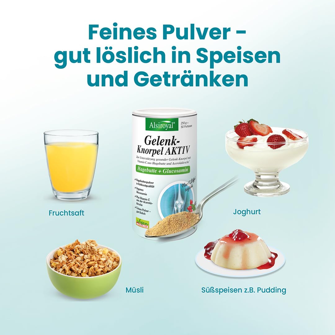 Alsiroyal Hagebuttenpulver plus Glucosamin · Gelenk-Knorpel-Komplex Aktiv | Für den Gelenk-Knorpel · Hagebuttenpulver in Rohkostqualität · 600 mg veganes Glucosamin · Vit. C aus Acerola · gut löslich
