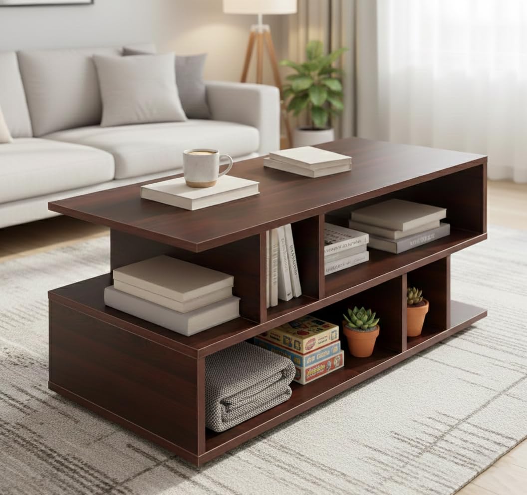 Green Soul Carya Engineered Wood Coffee Table (Walnut) | Living Room Center Table | Suede Finish | 1 Surface Top and 2 Shelves | Warranty Protected| Installation Provided