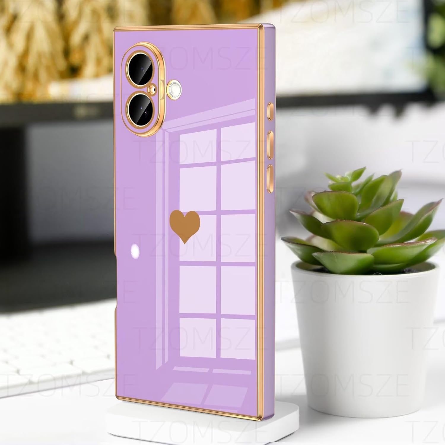 Tzomsze Compatible with iPhone 17 Case,Camera Protection Cute Heart Pattern & Electroplate Reinforced Corners Shockproof Edge Bumper Case for Women Girls 6.3 Inch-Light Purple