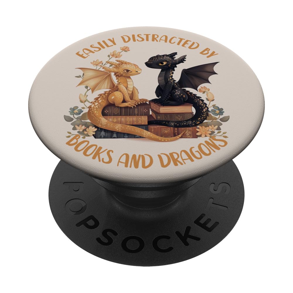 Easily Distracted By Books & Dragons Librarian Book Lover PopSockets Standard PopGrip