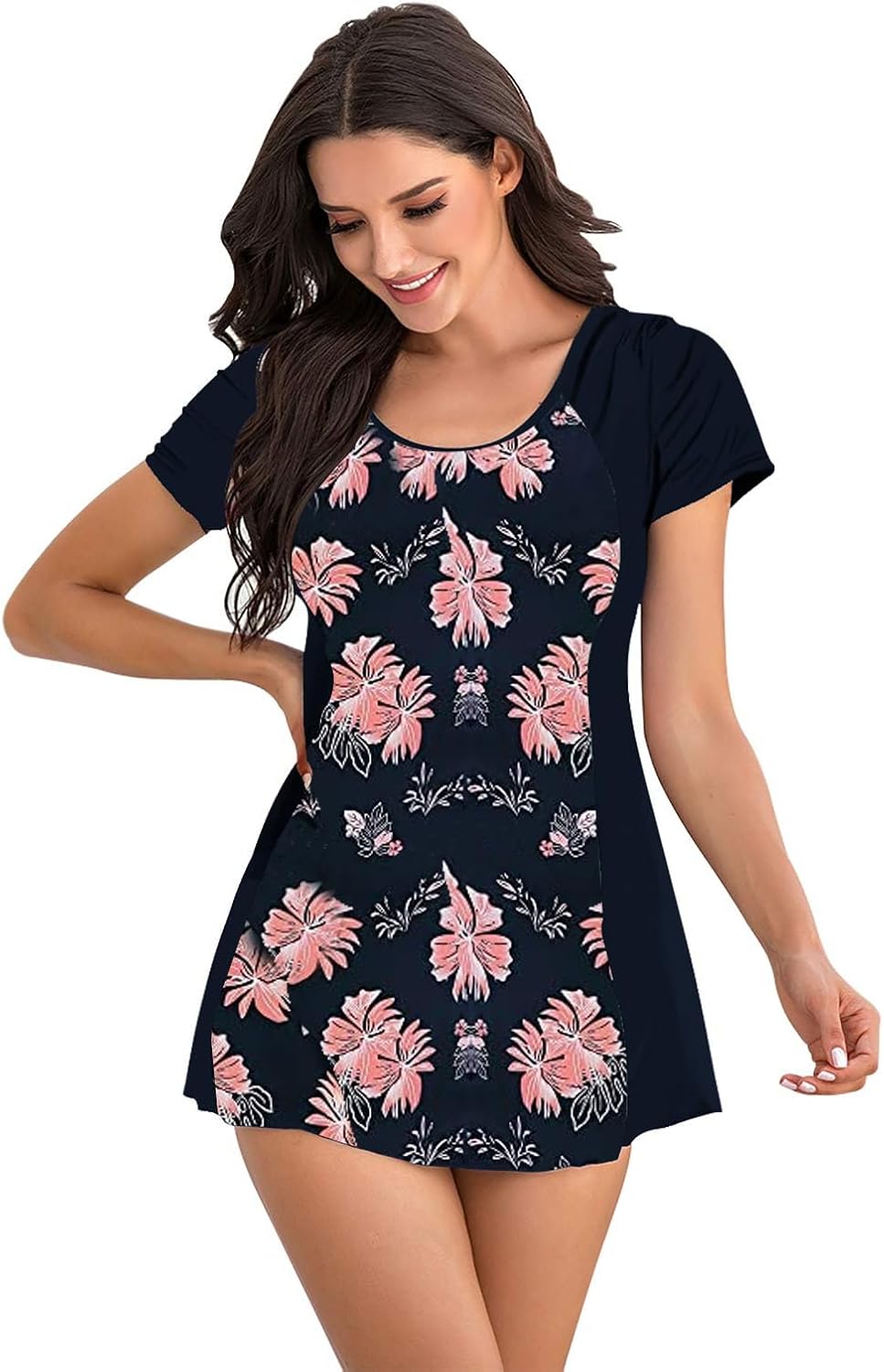 ECUPPER Womens One Piece Swimsuit Plus Size Bathing Suit Short Sleeve Tummy Swimdress Shaping Skirted Swimwear