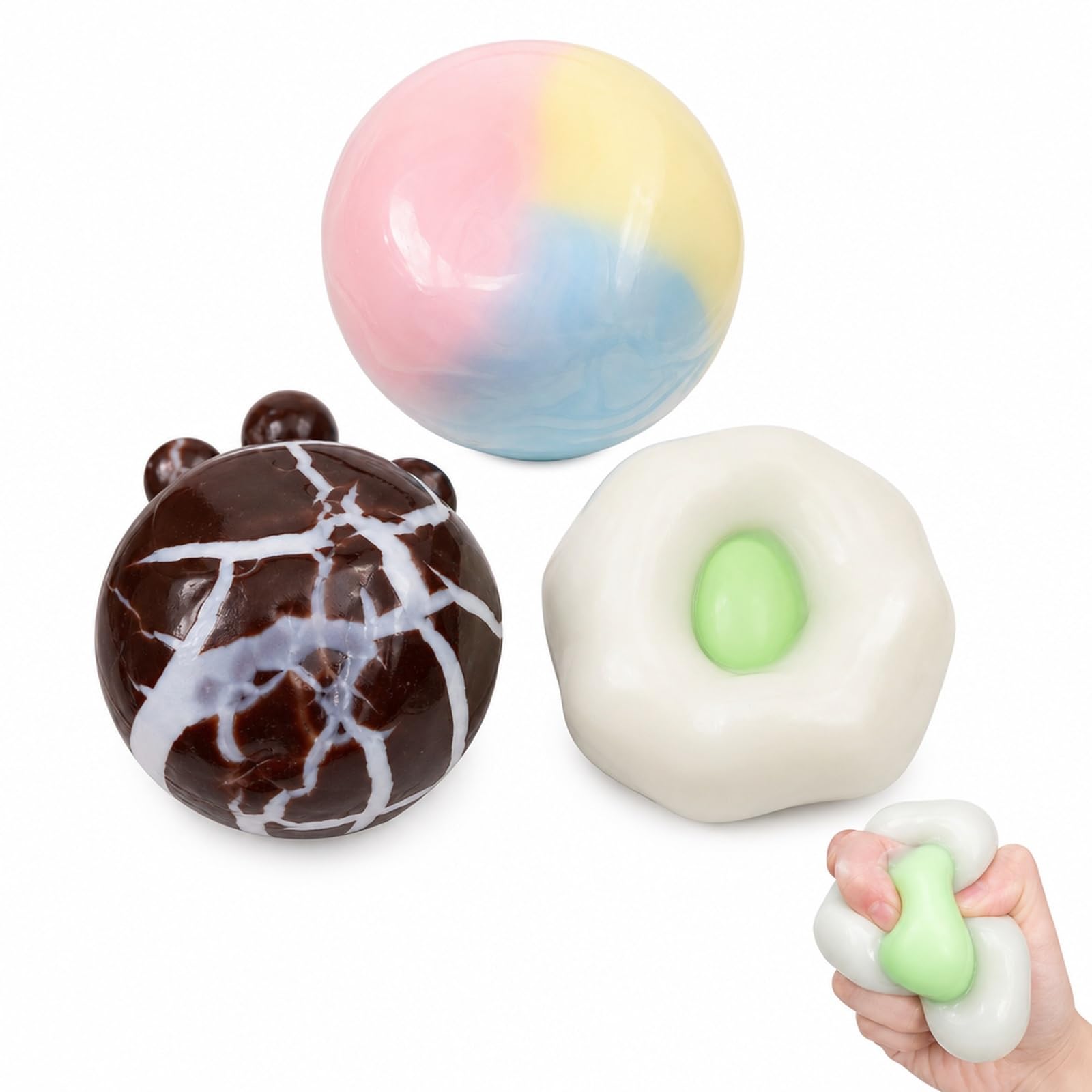 3PC Wax Cracking Squishy ,Sand squishy,Set of 3 Balls with Macaron, Dark Chocolate and Matcha Designs, Desk Accessory for Office and Classroom Use, Portable Travel Tool