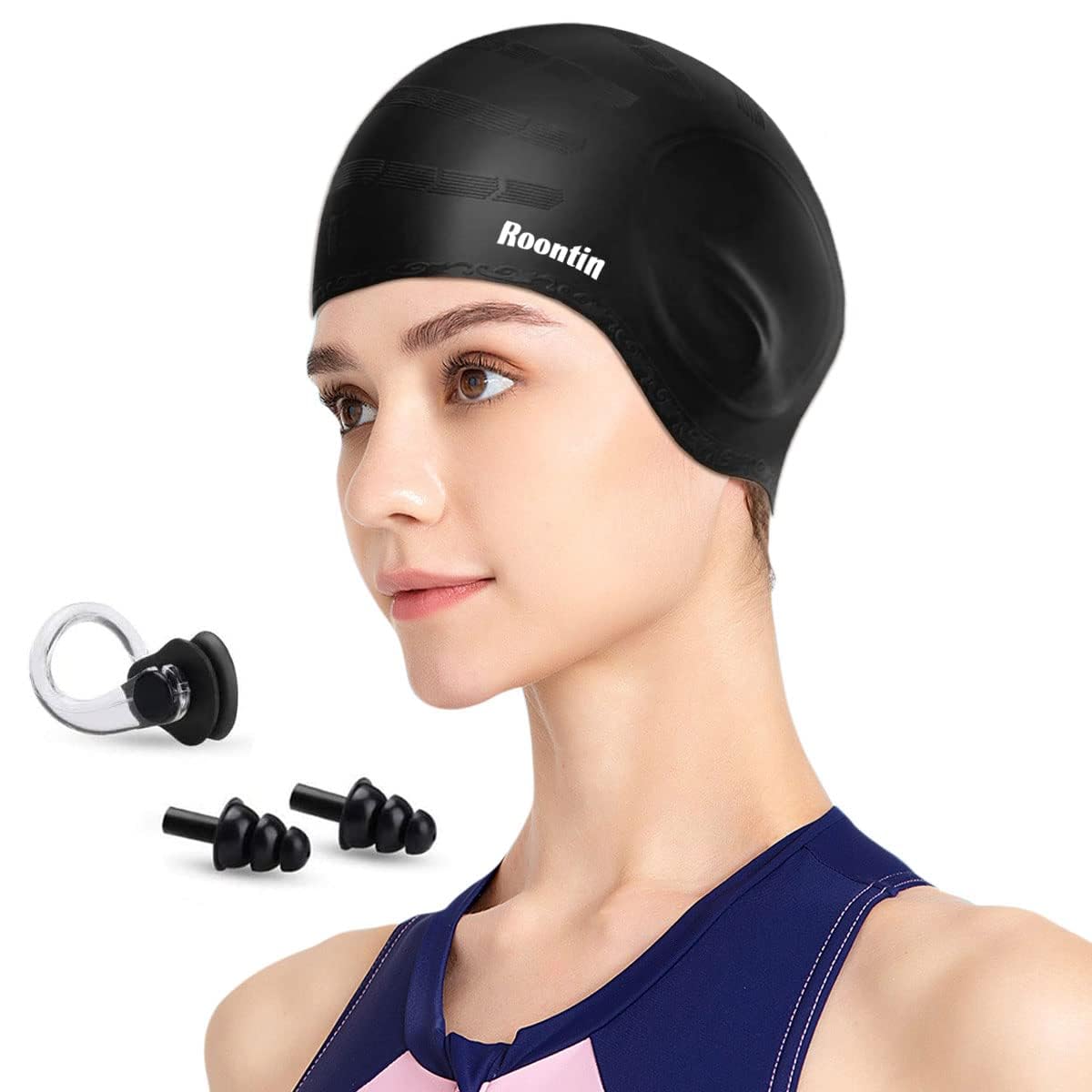 Swimming Cap for Men and Women,Comfortable Fit with Ear Protection, Waterproof Swimming Hat for Long Hair Women and Men Lightweight Swim Cap,Black