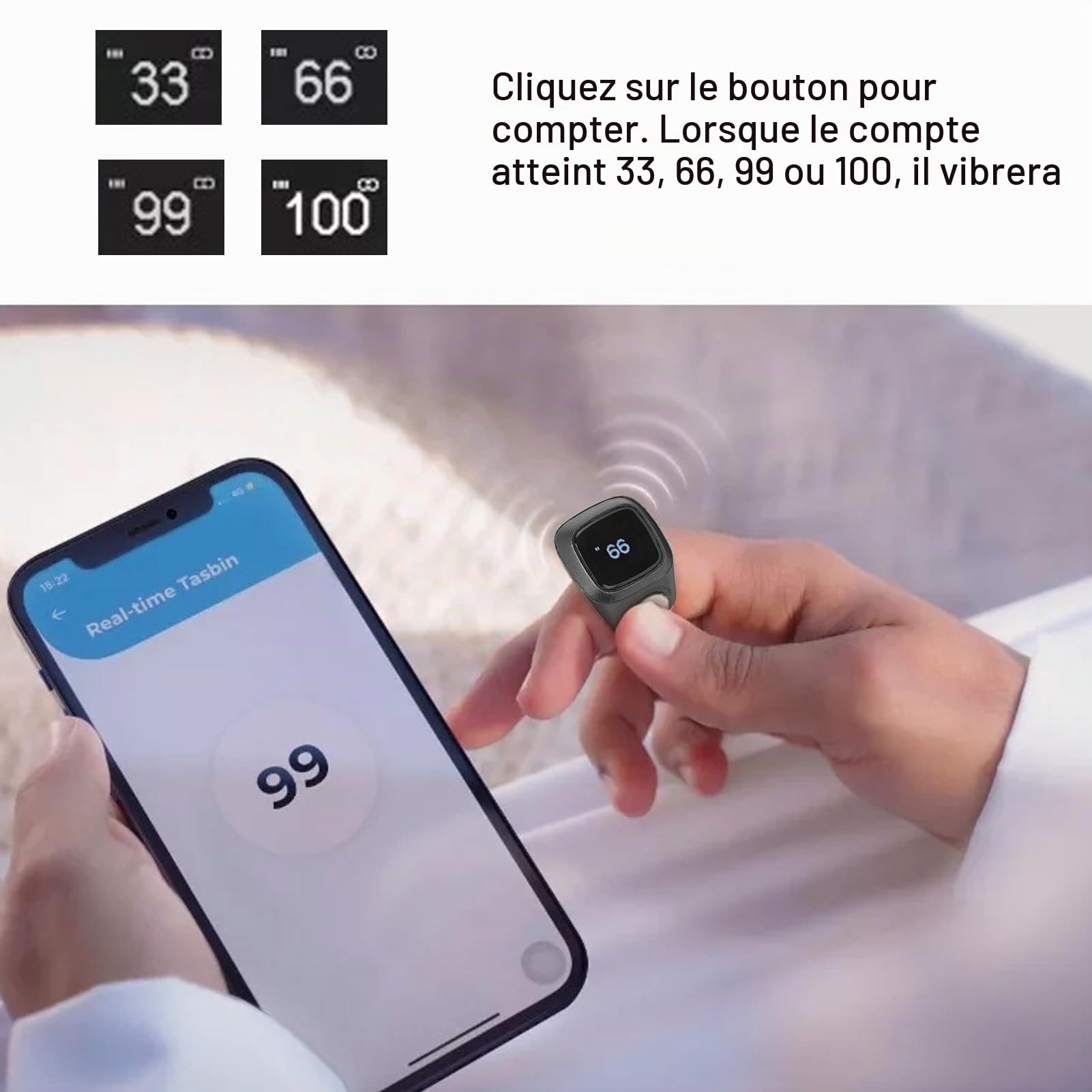 Compteur de Doigts, Anneau de comptage Rechargeable BT5.1 Compteur Manuel de Chiffres et de clics Compteur Digital de Doigts pour iQibla APP avec écran 0.49in (18MM)
