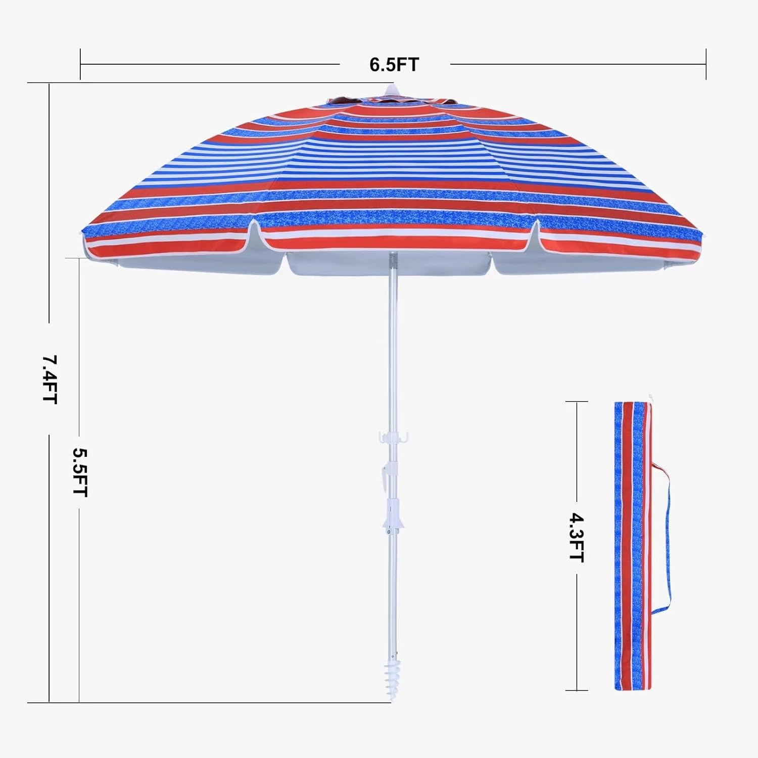 ABCCANOPY Beach Umbrella 6.5FT - Outdoor Windproof Umbrella with Sand Anchor, Bags & Tilt, Portable UV Protection Sunshade Umbrellas with Carry Bag for Beach Pool Patio Garden, Red Stripes