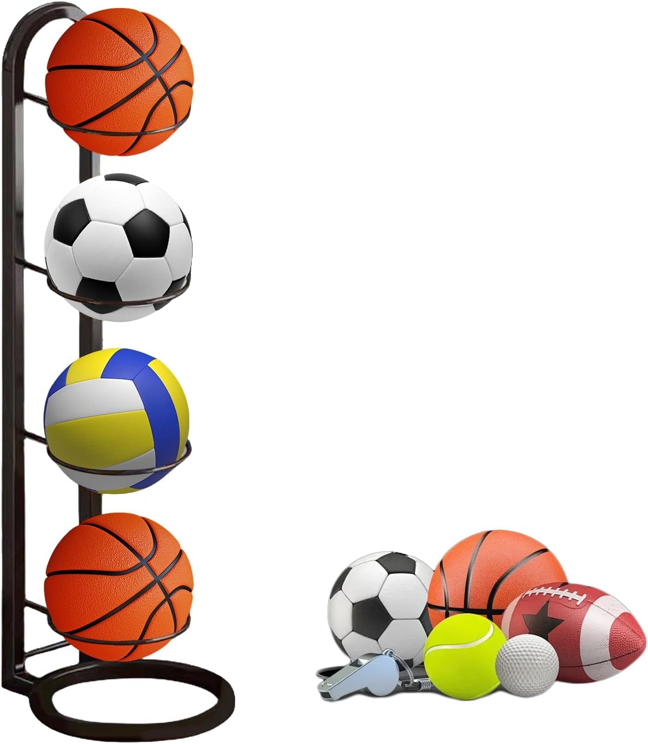 Ruikcoll 4 Tier Ball Storage Rack, Vertical Ball Storage Rack, Ball Stand, for Storing Footballs, Basketballs, Volleyballs, Black