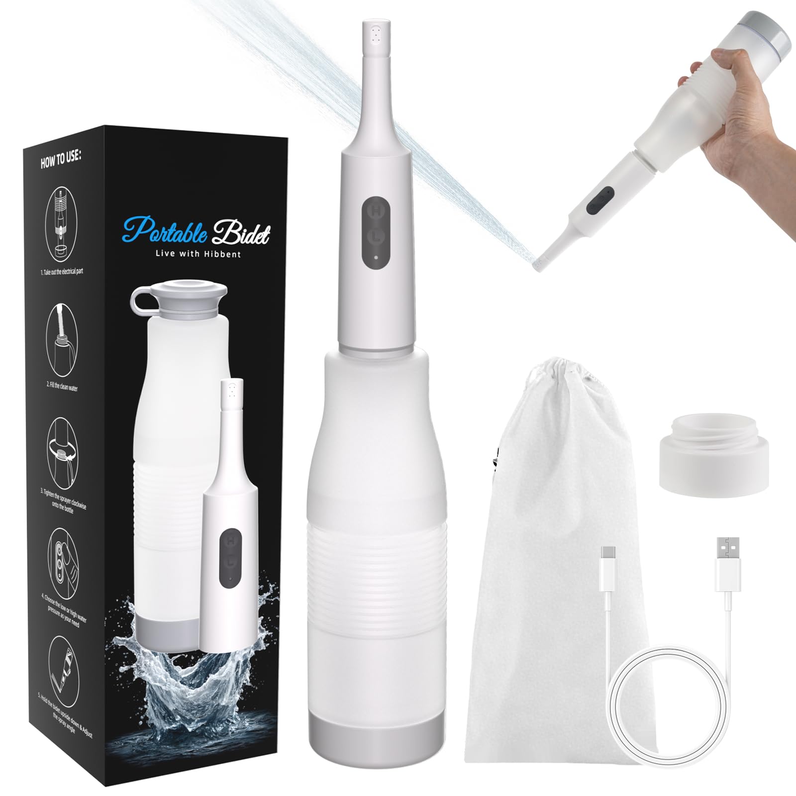 Hibbent Bidet portatile da viaggio, spruzzatore elettrico portatile ad alta pressione, bottiglia espandibile da 350-550 ml per igiene personale, ricaricabile USB-C, impermeabile, bidet da viaggio per