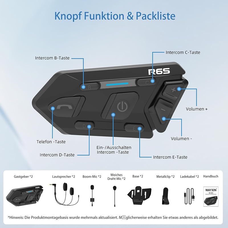 WAYXIN R6S Motoros Headset - 1200m Hatótávolságú Bluetooth Kommunikációs Rendszer 6 Motoros Összekapcsolásával, Vízálló, Kihangosító, Zajszű